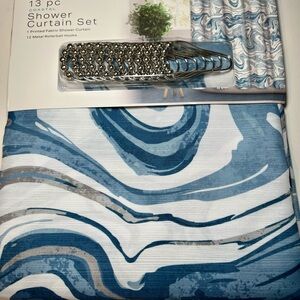 Blue Ocean Tide Fabric Shower Curtain Roller Hooks Marble Coastal